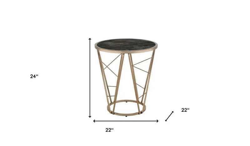 24" Champagne And Black Faux Marble Glass And Metal Round End Table Homeroots Living Room