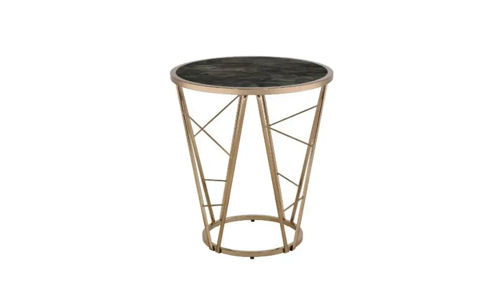 24" Champagne And Black Faux Marble Glass And Metal Round End Table Homeroots Living Room