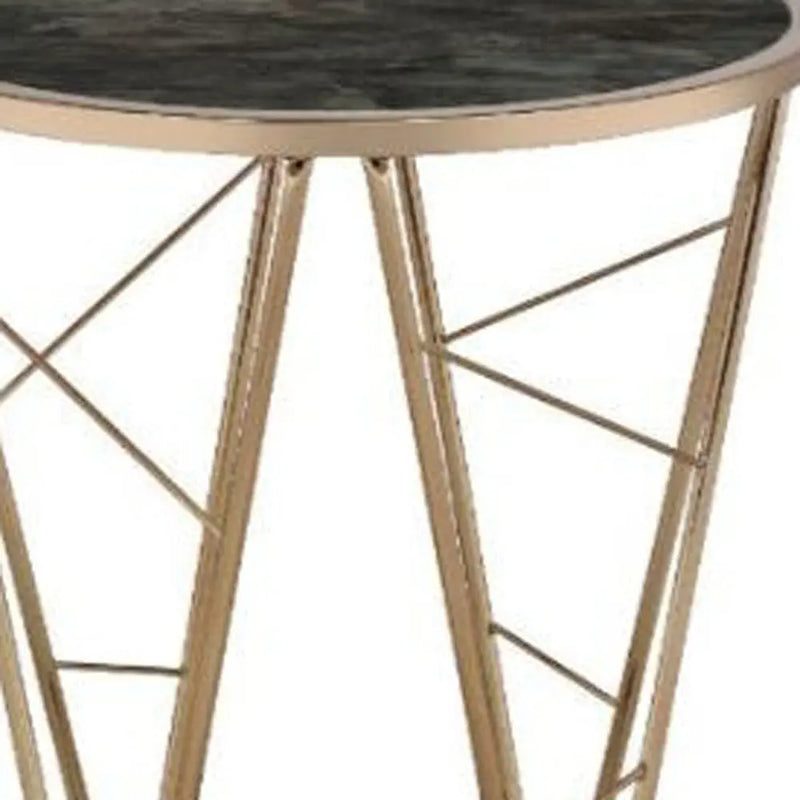 24" Champagne And Black Faux Marble Glass And Metal Round End Table Homeroots Living Room