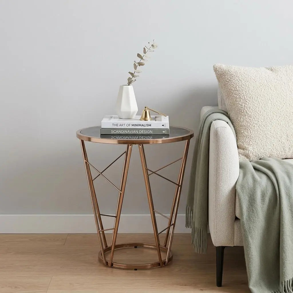 24" Champagne And Black Faux Marble Glass And Metal Round End Table Homeroots Living Room