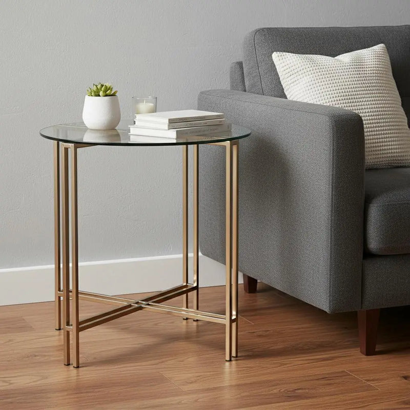Gold metal legged accent table with a round glass top, perfect for modern living spaces.