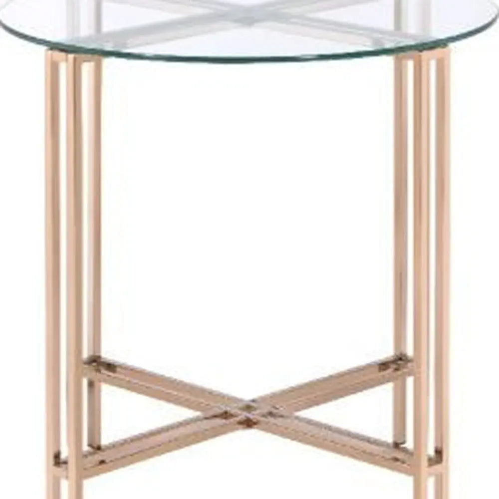 Round glass side table with rose gold metal base, featuring a modern geometric design. Perfect for stylish interiors.