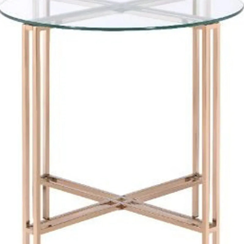 Round glass side table with rose gold metal base, featuring a modern geometric design. Perfect for stylish interiors.