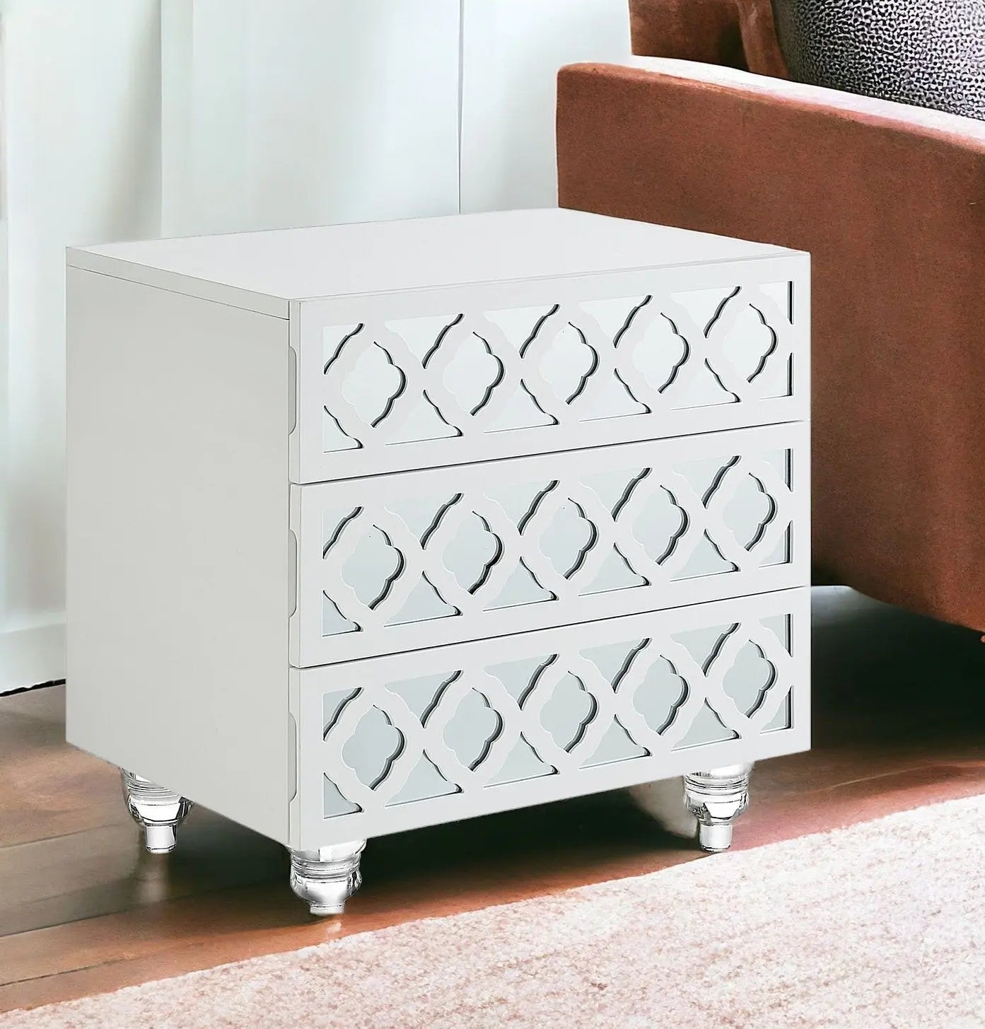 24" Clear And White Wood Mirrored End Table With Three Drawers Homeroots