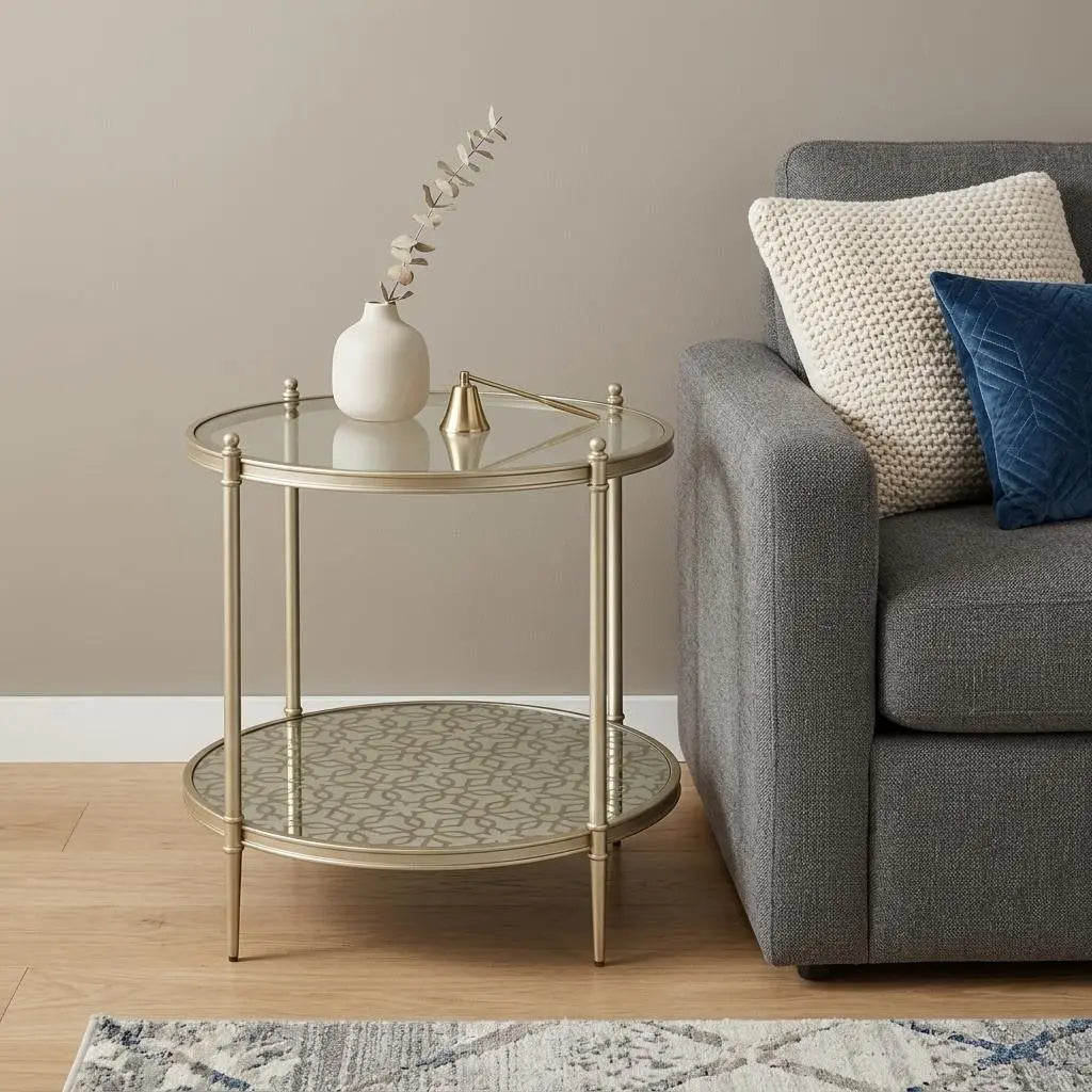 24" Clear and Champagne Tempered Glass and Iron Round End Table With Shelf Homeroots Living Room