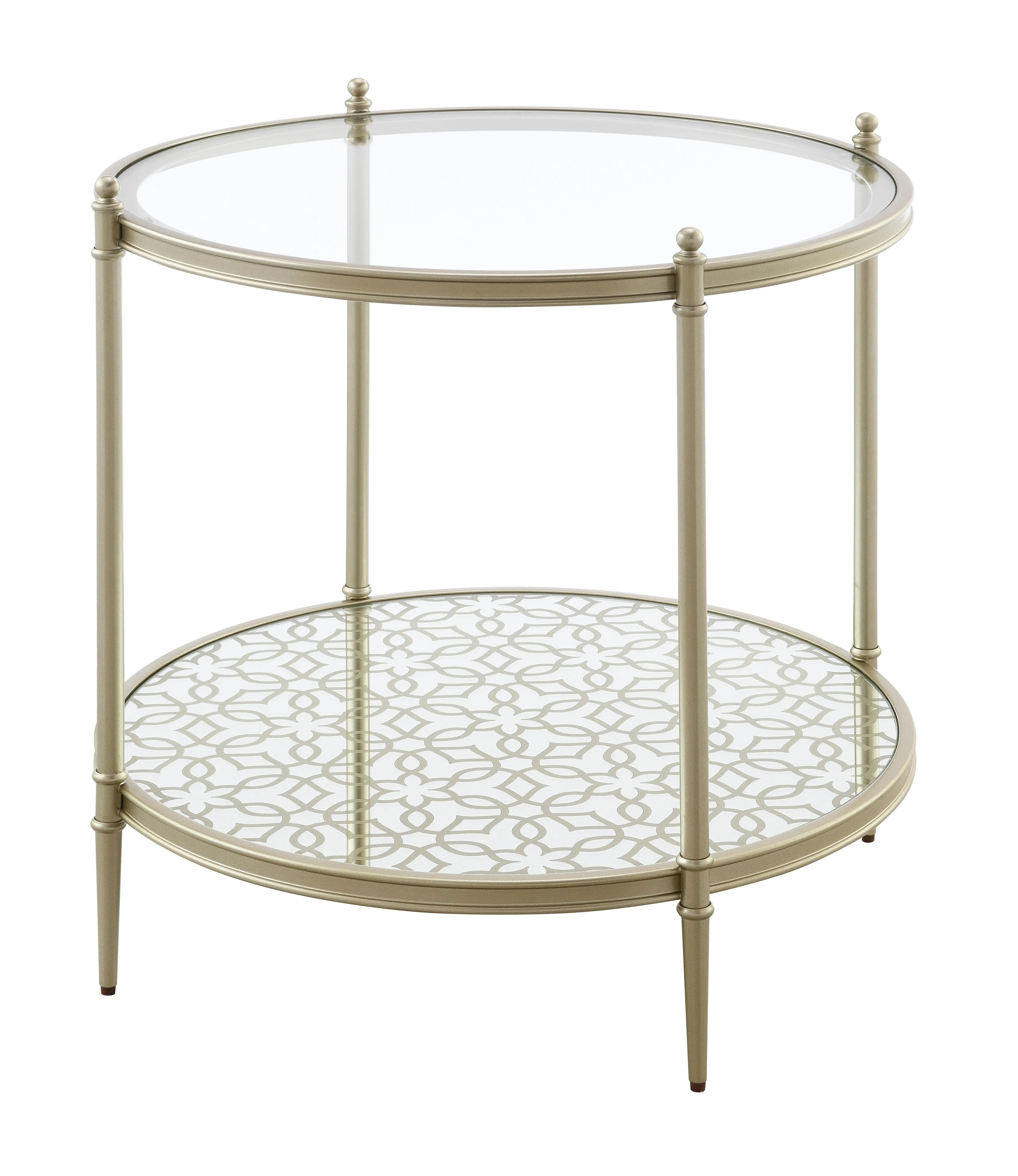 24" Clear and Champagne Tempered Glass and Iron Round End Table With Shelf Homeroots Living Room
