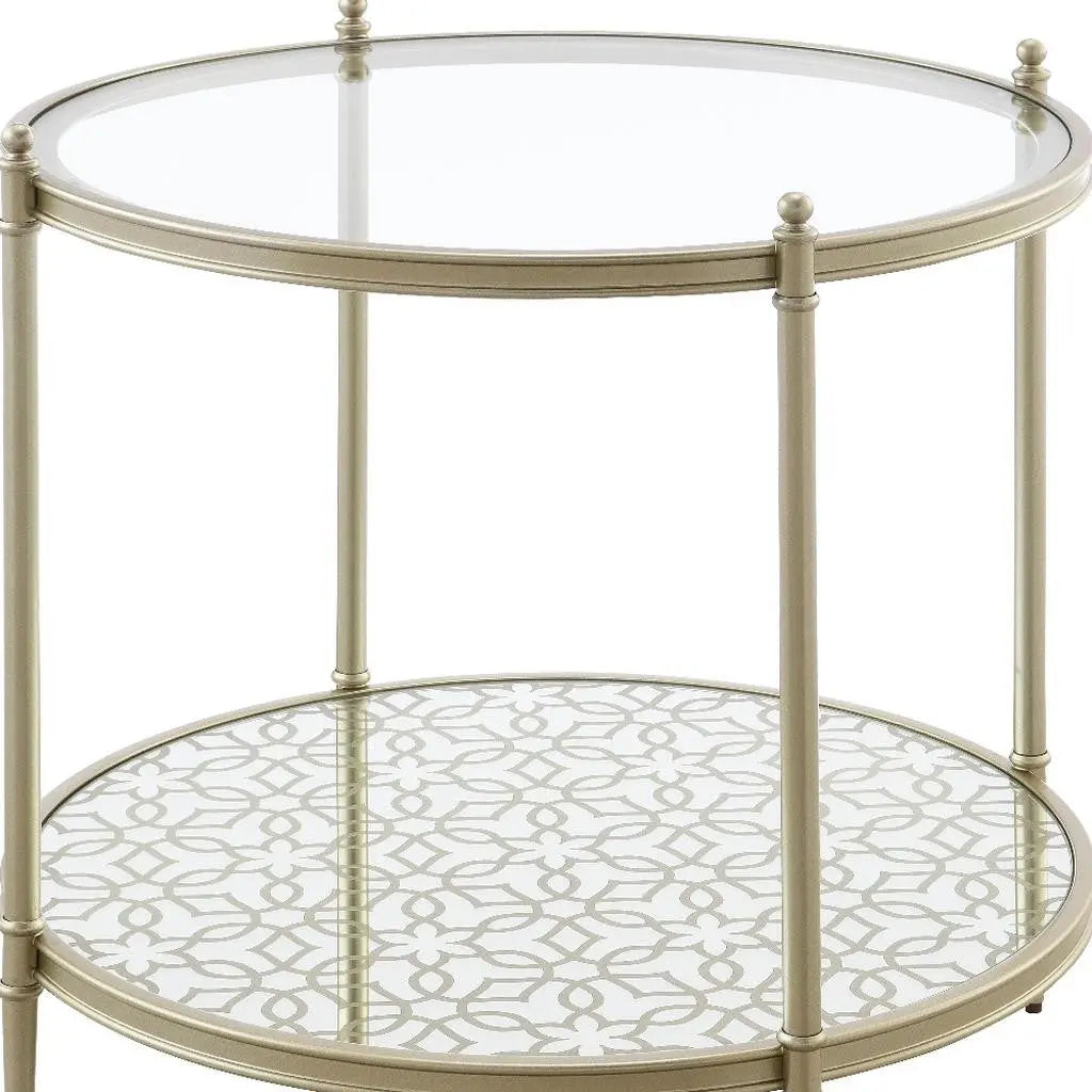 24" Clear and Champagne Tempered Glass and Iron Round End Table With Shelf Homeroots Living Room