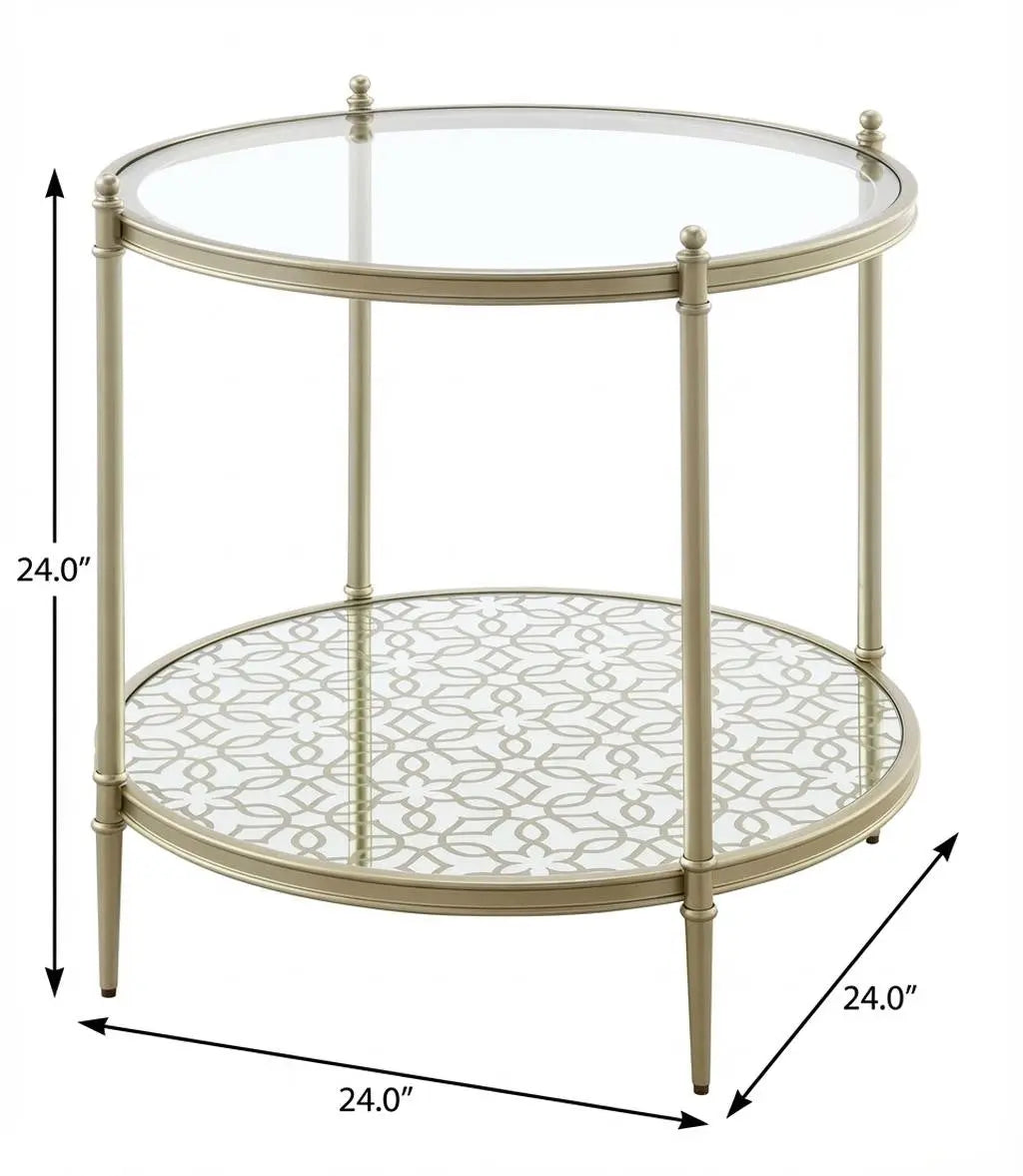 24" Clear and Champagne Tempered Glass and Iron Round End Table With Shelf Homeroots Living Room
