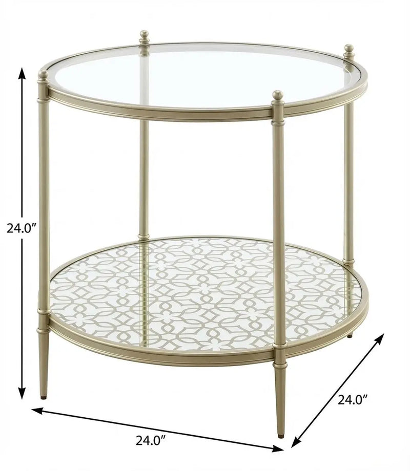 24" Clear and Champagne Tempered Glass and Iron Round End Table With Shelf Homeroots Living Room