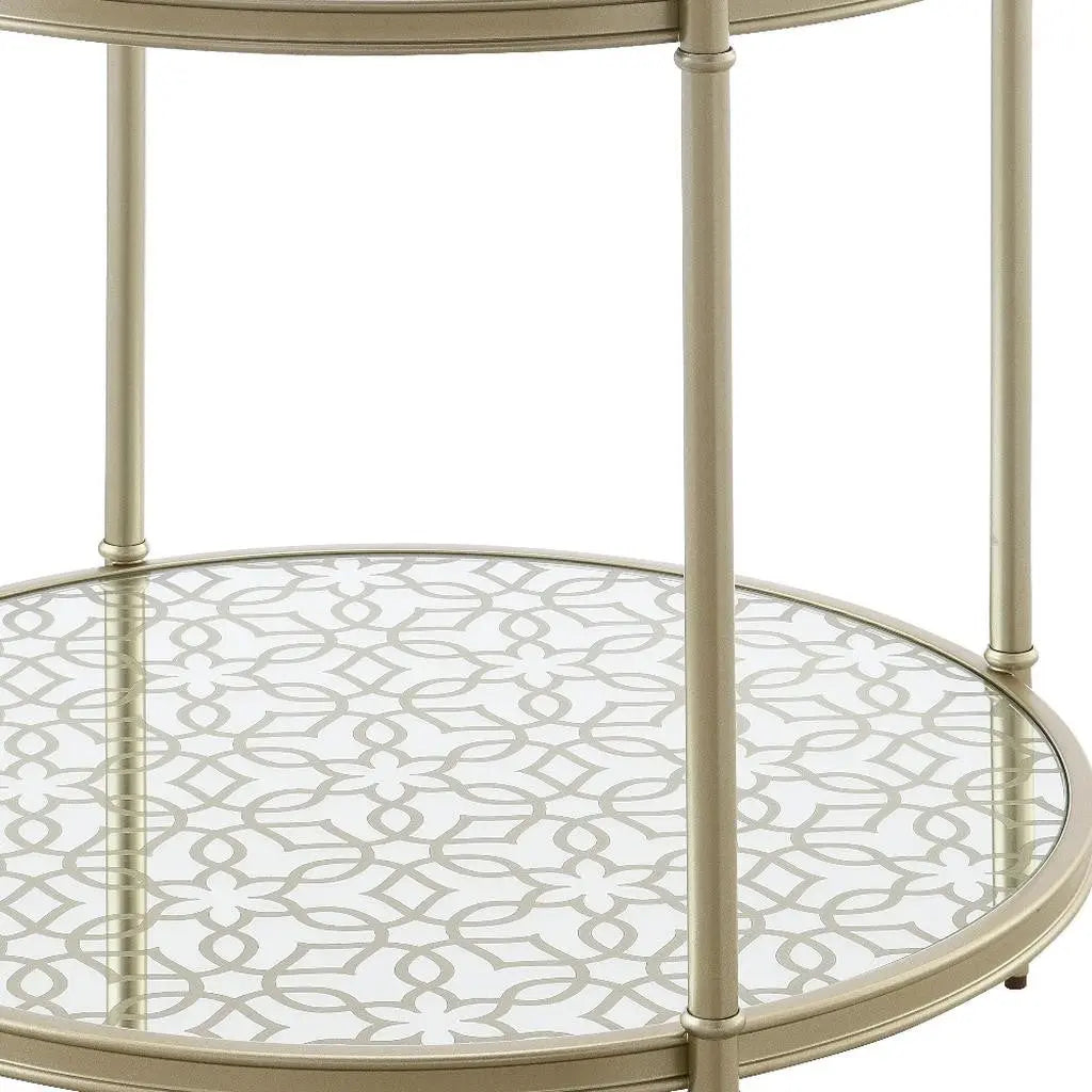 24" Clear and Champagne Tempered Glass and Iron Round End Table With Shelf Homeroots Living Room