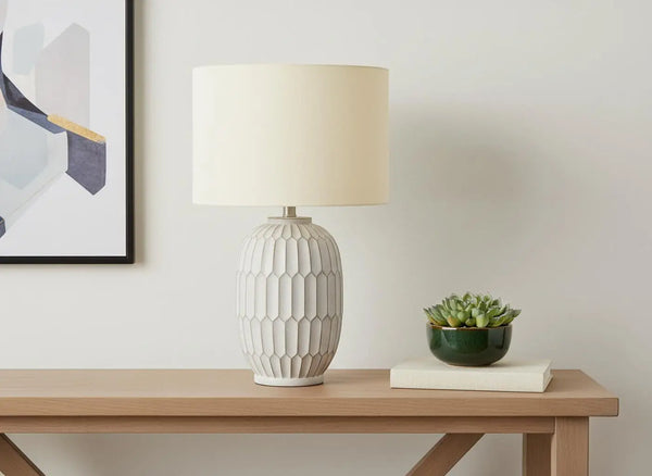 24" Cream Geometric Table Lamp With Cream Drum Shade Homeroots Lighting