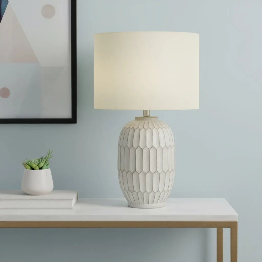 24" Cream Geometric Table Lamp With Cream Drum Shade Homeroots Lighting