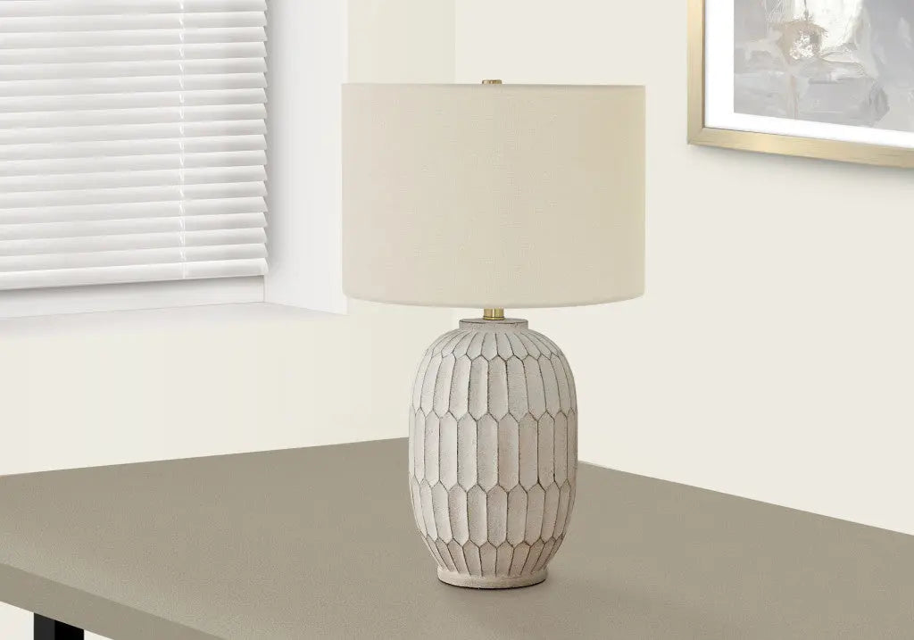 24" Cream Geometric Table Lamp With Cream Drum Shade Homeroots Lighting