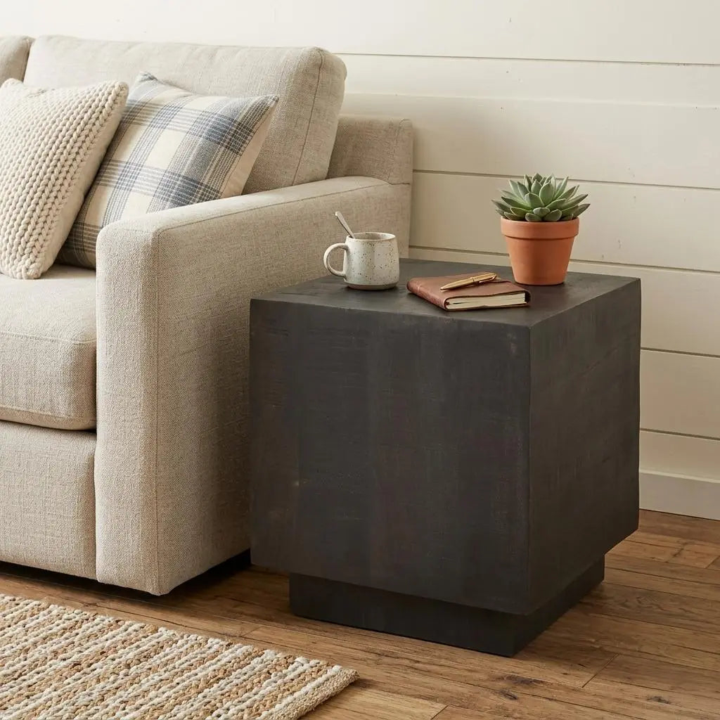 24" Dark Brown Distressed Solid Wood Square Block End Table Homeroots Living Room