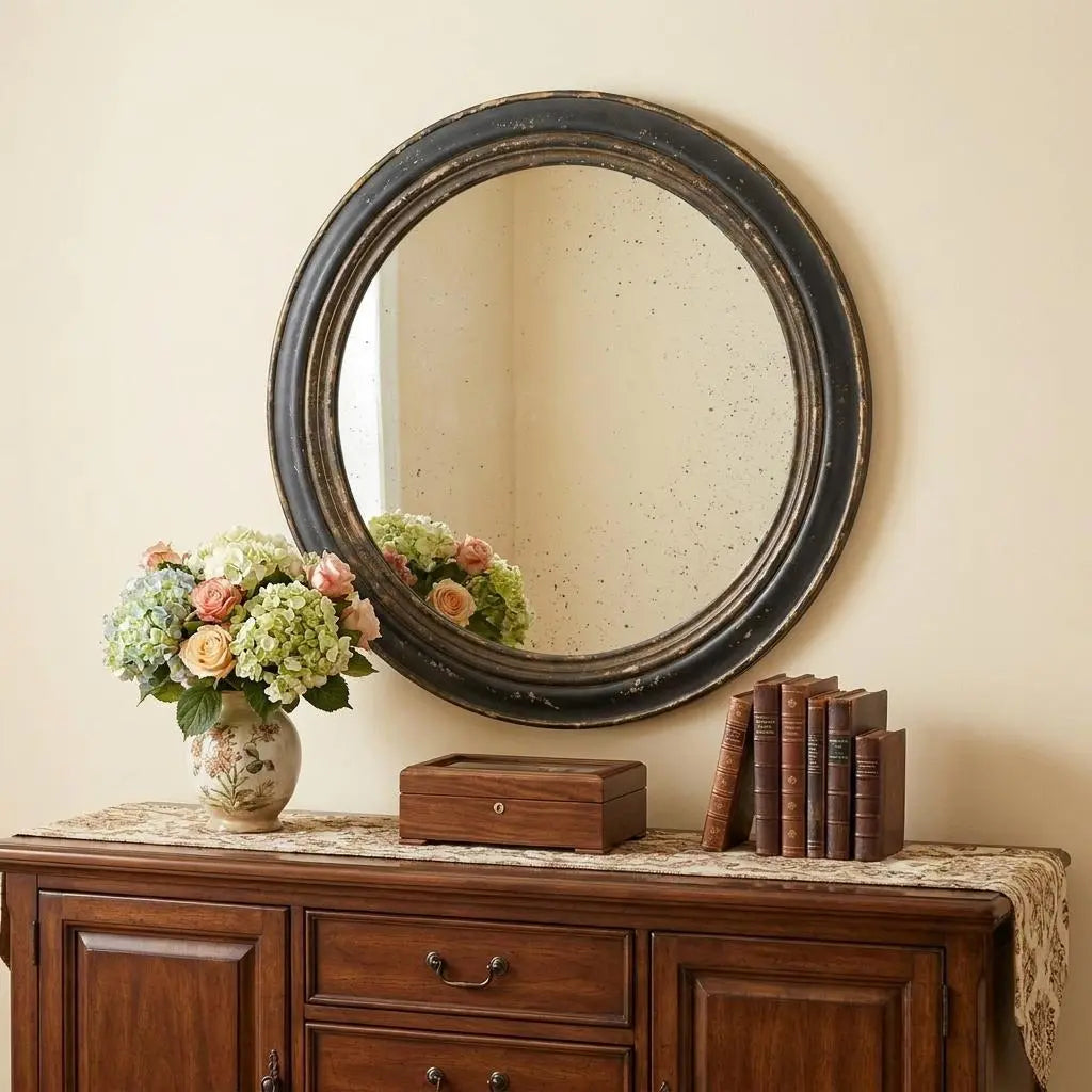 24" Dark Brown Distressed Wood Round Framed Accent Mirror Homeroots Bed & Bath