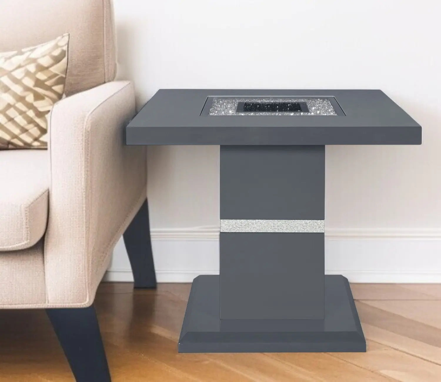 Modern gray square side table with a sparkling glass inset, perfect for contemporary living rooms.