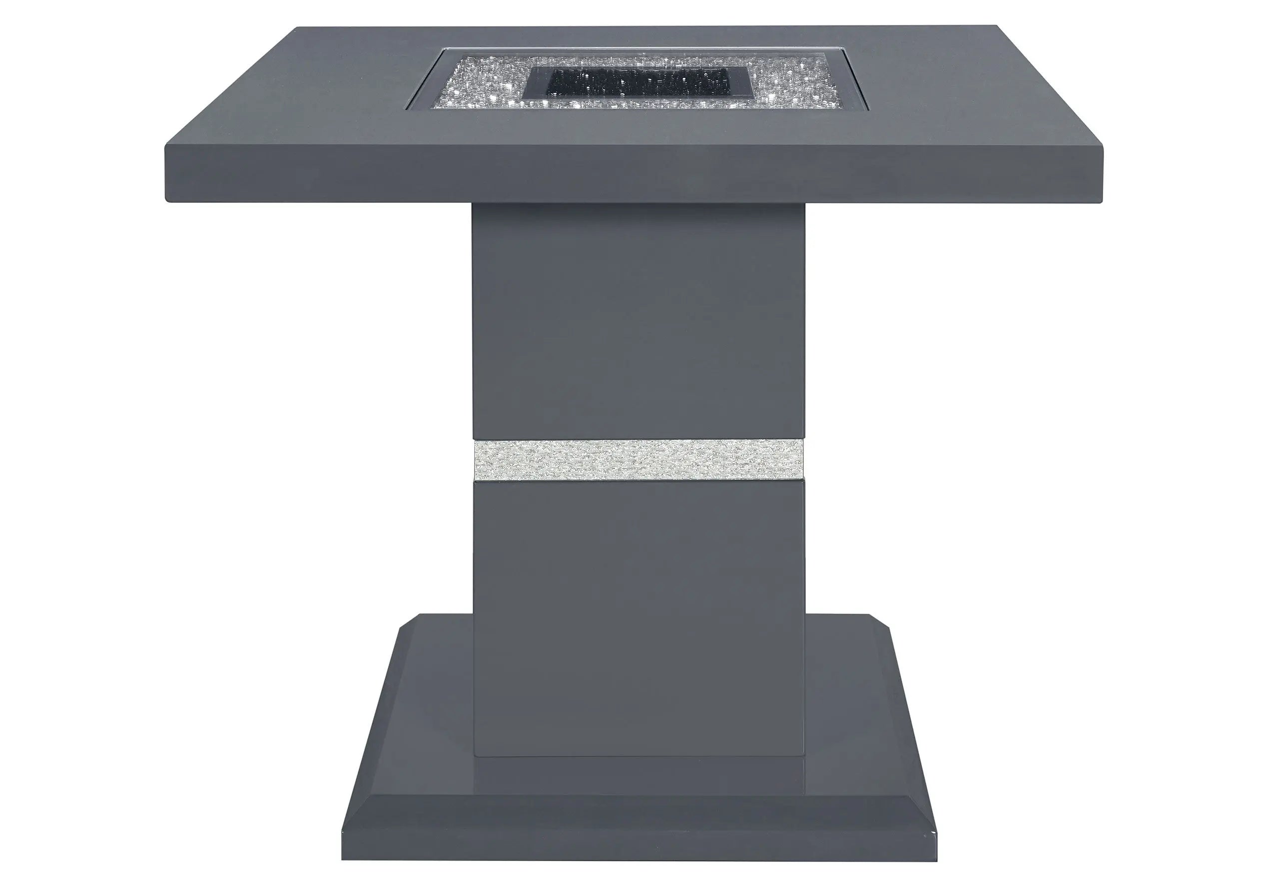 Modern dark gray square fire pit table with a glass insert and sleek pedestal base, perfect for outdoor gatherings.