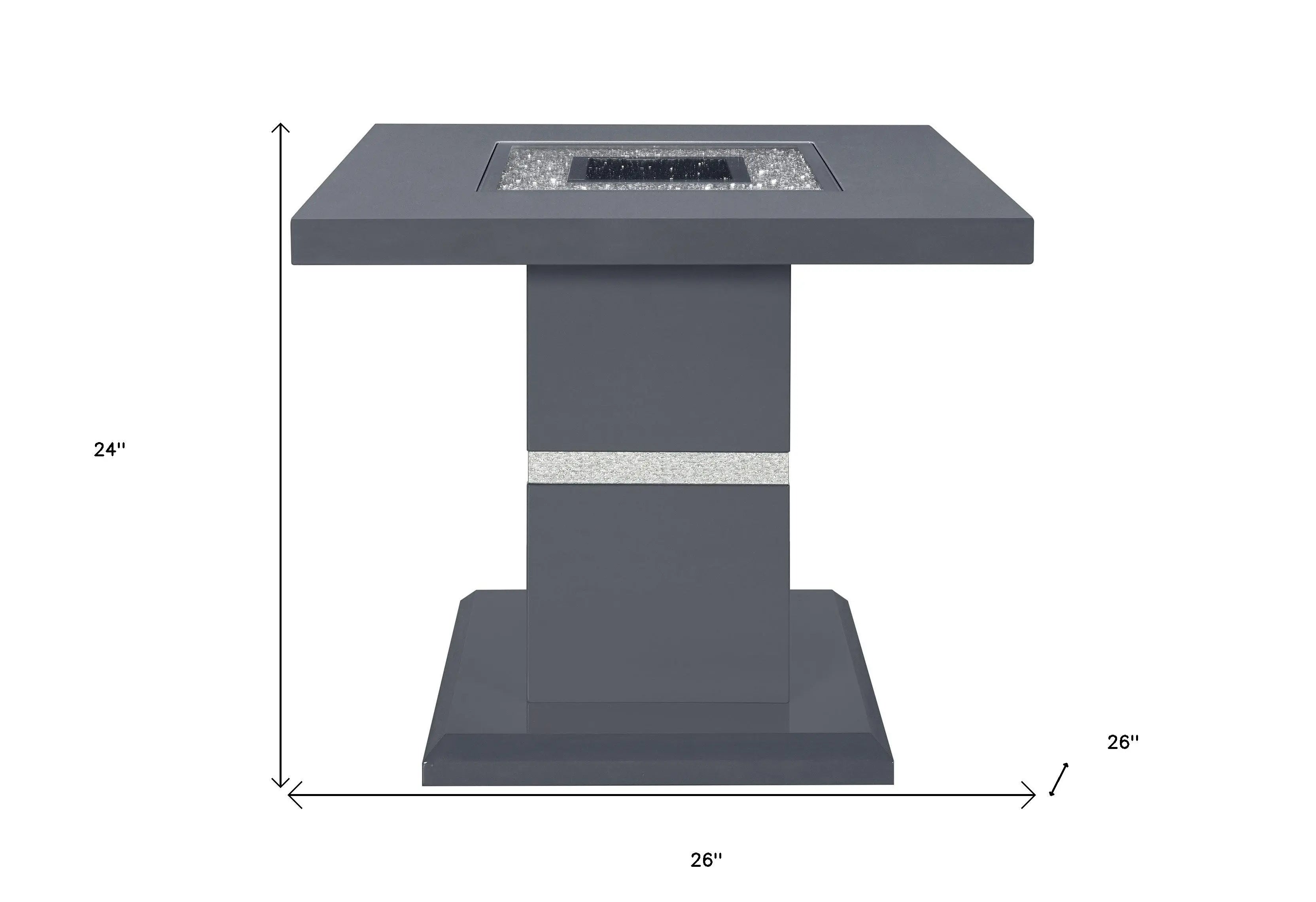 Modern gray square fire pit table with decorative glass stones, 24" height, and stylish metallic accent strip.
