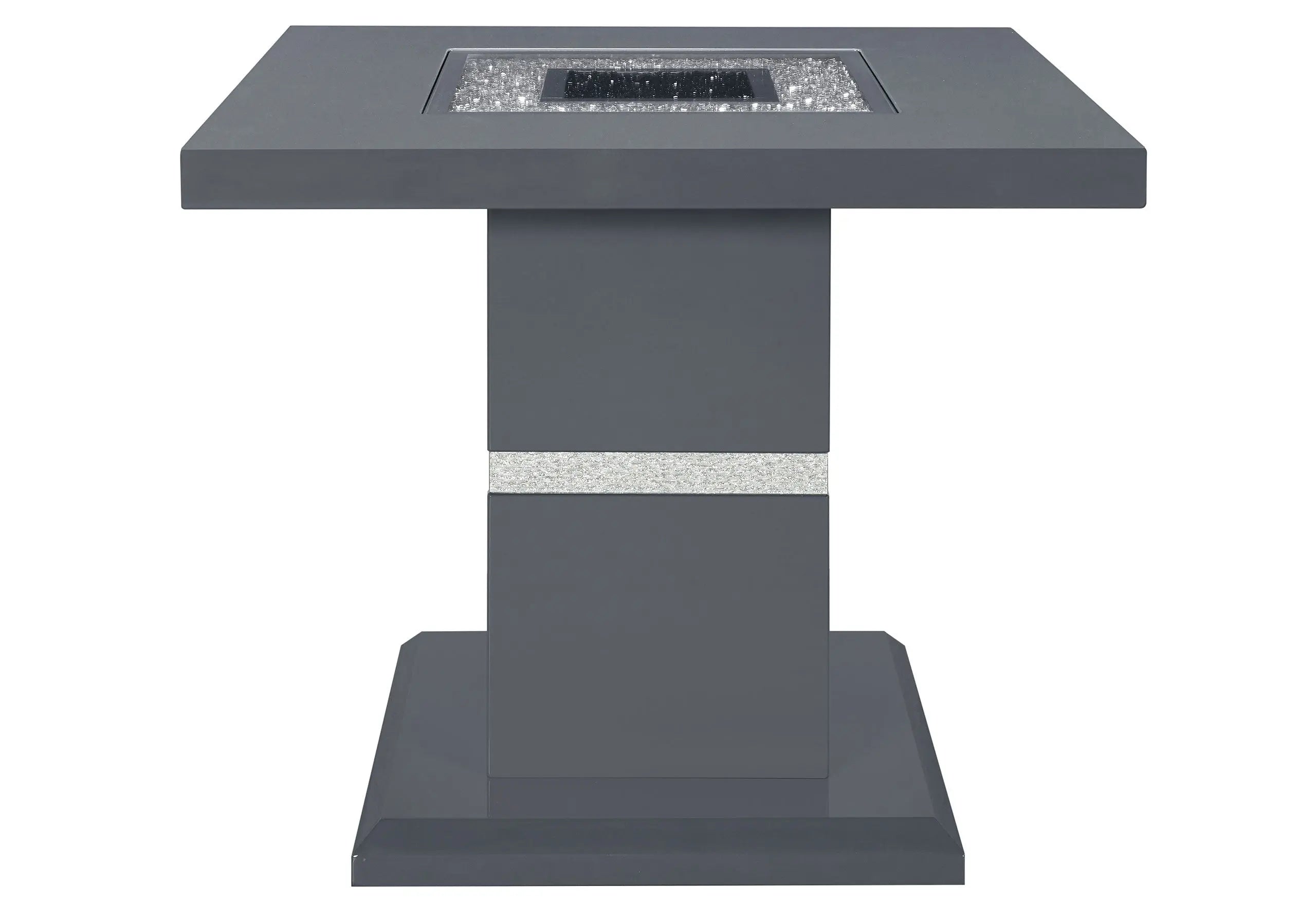 Stylish gray square fire table with glass beads, perfect for outdoor gatherings and modern decor.