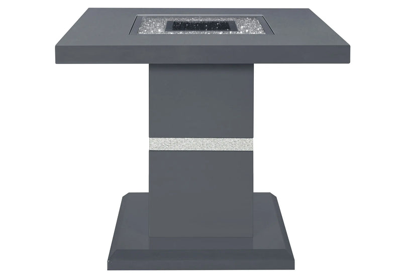 Stylish gray square fire table with glass beads, perfect for outdoor gatherings and modern decor.