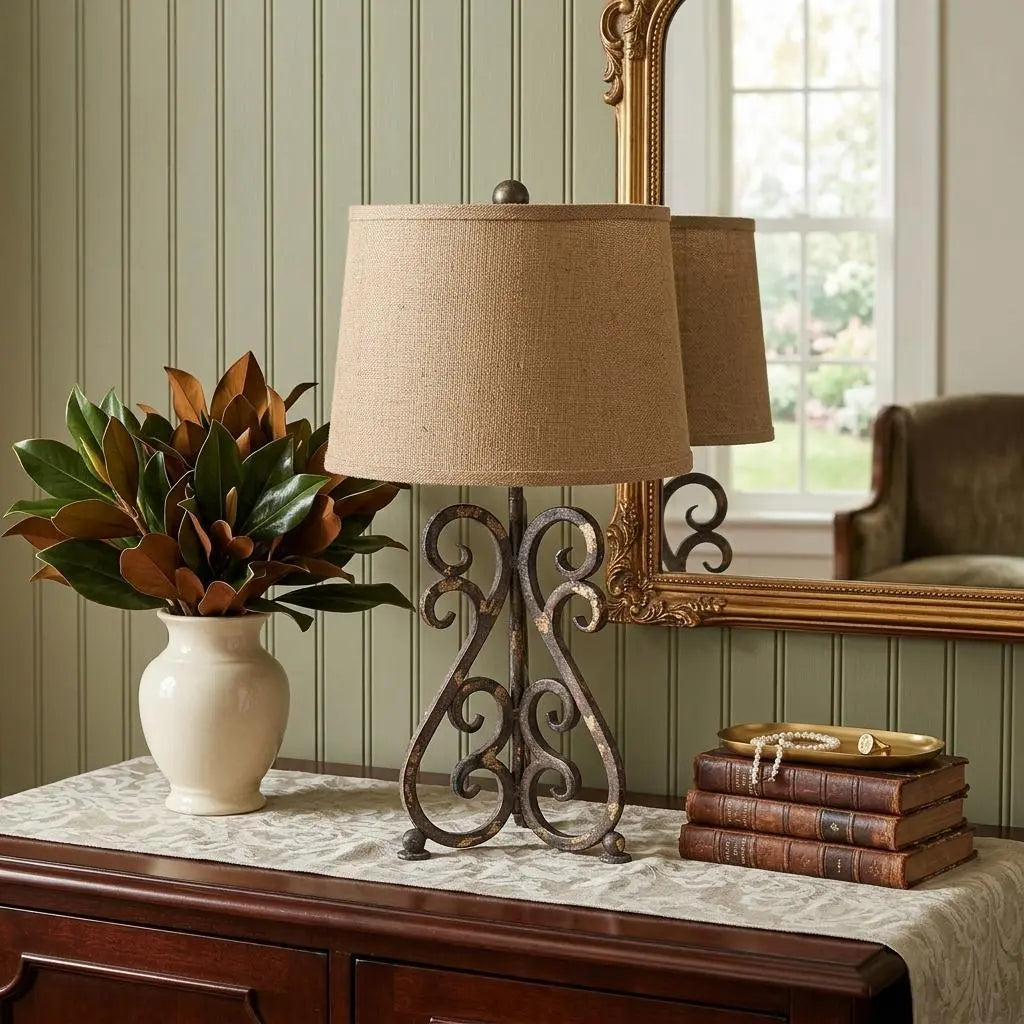 24" Distressed Bronze Metal Novelty Bedside Lamp With Khaki Drum Shade Homeroots Lighting