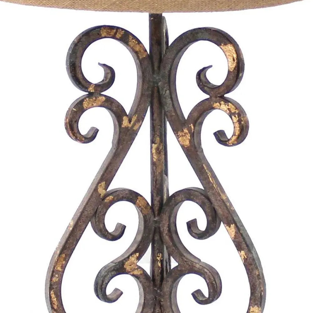 24" Distressed Bronze Metal Novelty Bedside Lamp With Khaki Drum Shade Homeroots Lighting