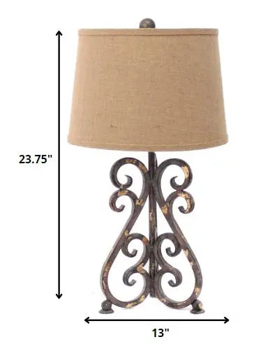24" Distressed Bronze Metal Novelty Bedside Lamp With Khaki Drum Shade Homeroots Lighting