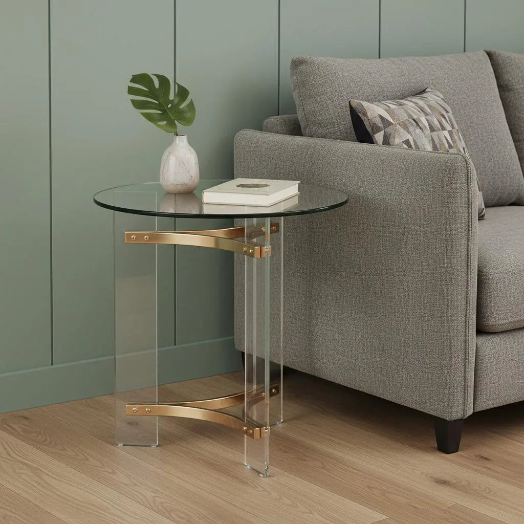 24" Gold And Clear Glass And Metal Round End Table Homeroots Living Room