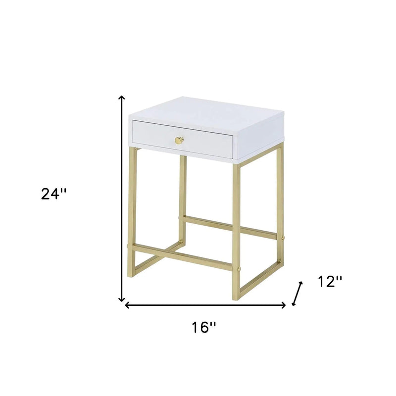 24" Gold And White Solid Wood End Table With Drawer - GreatEagleInc