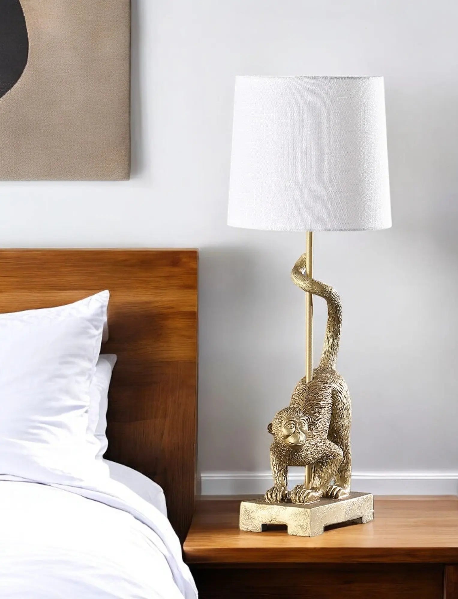 24" Gold Monkey Table Lamp With White Drum Shade - GreatEagleInc