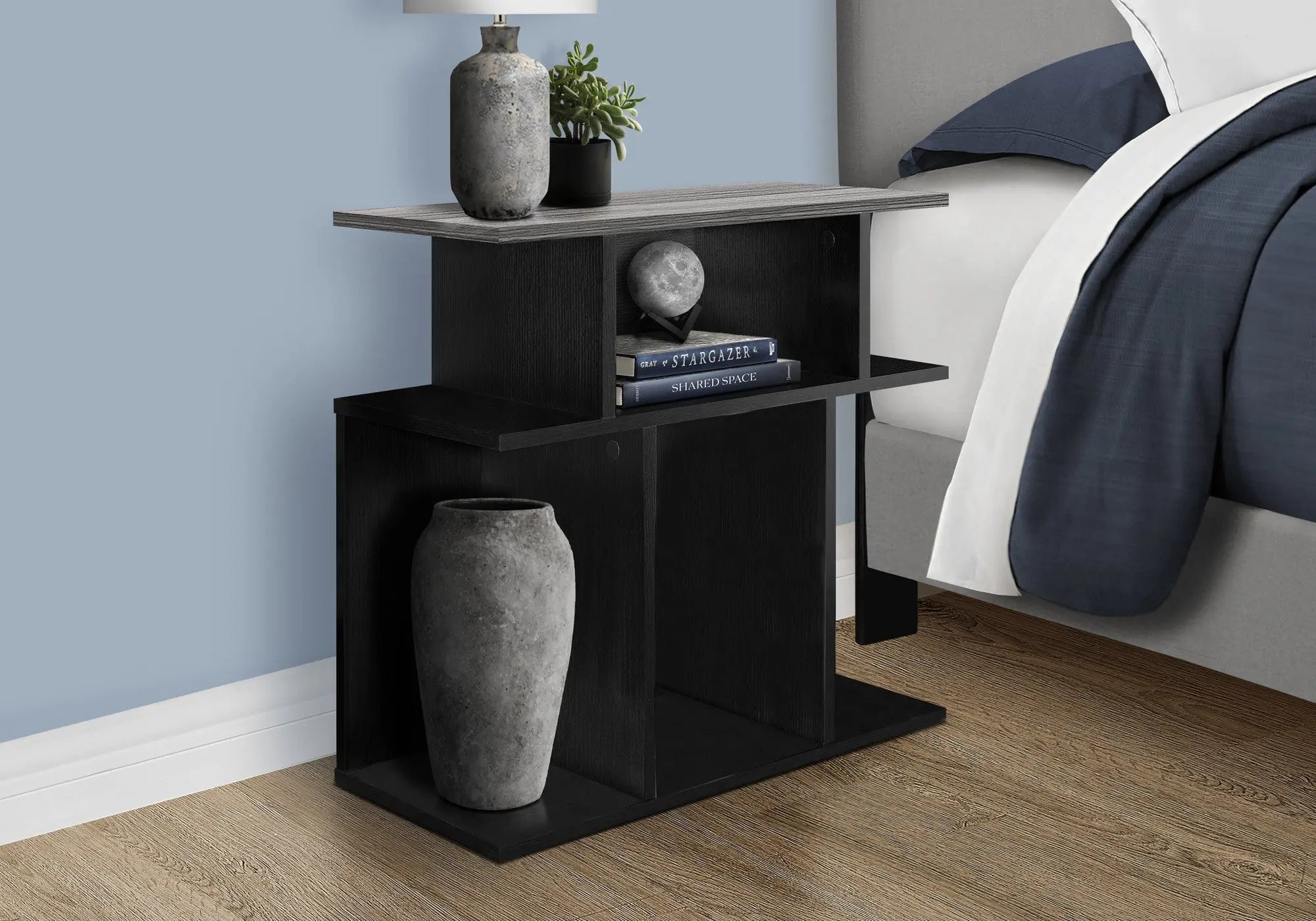 24" Gray and Black Wood Floor Shelf End Table With 6 Homeroots Living Room