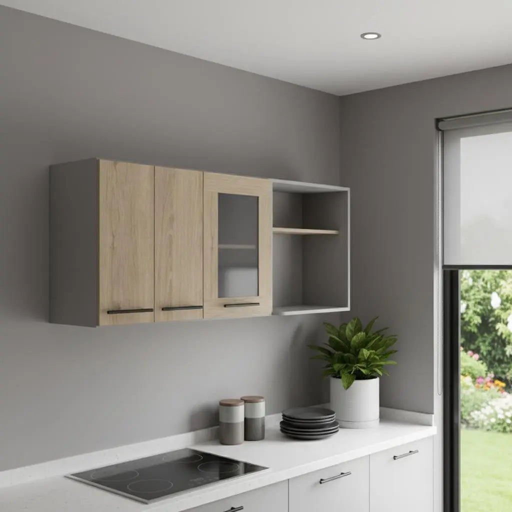 24" Gray and Natural Wood Wall Mounted Accent Cabinet With Three Doors Homeroots Kitchen & Dining