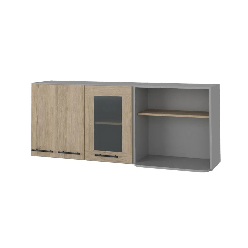 24" Gray and Natural Wood Wall Mounted Accent Cabinet With Three Doors Homeroots Kitchen & Dining