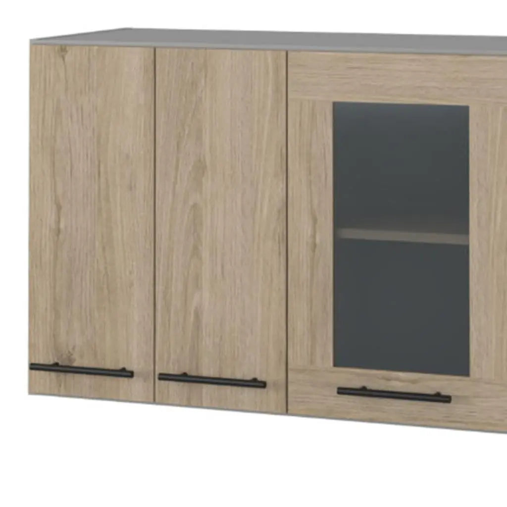 24" Gray and Natural Wood Wall Mounted Accent Cabinet With Three Doors Homeroots Kitchen & Dining