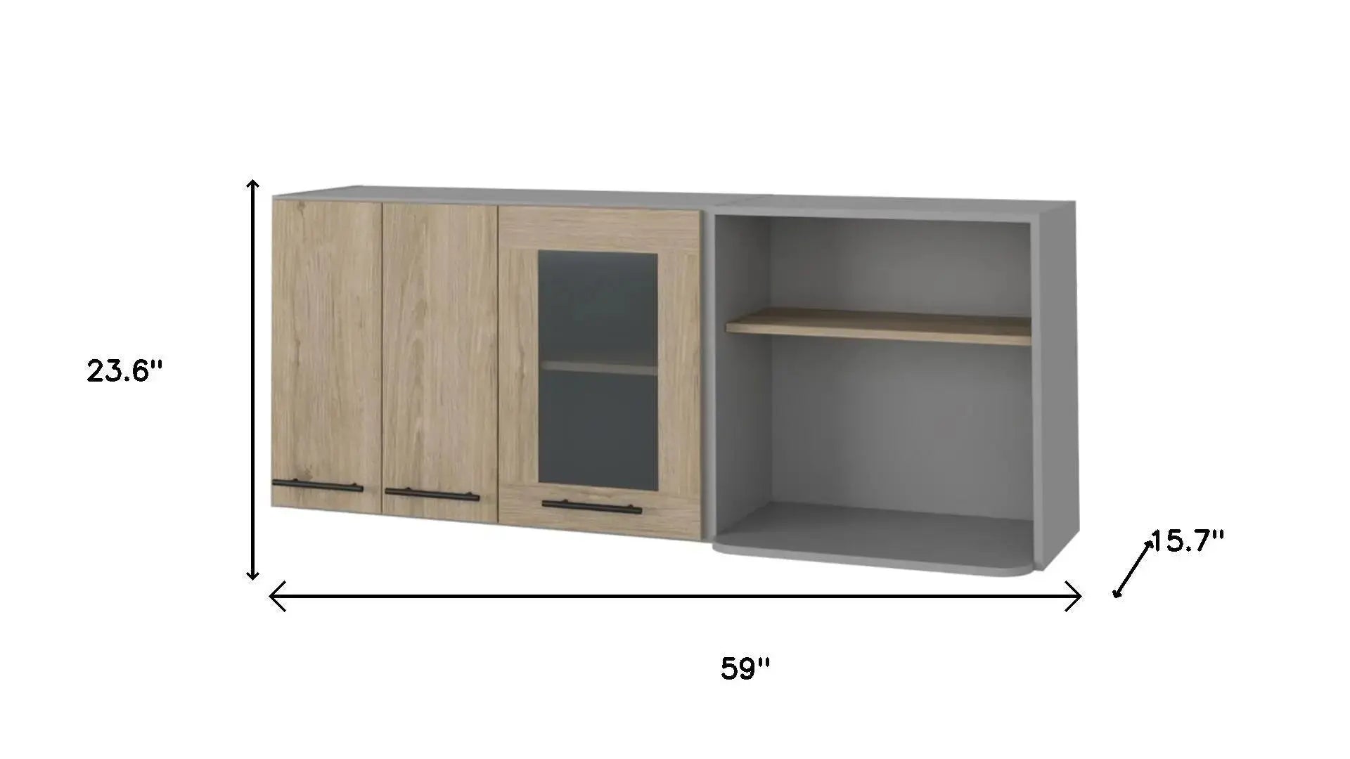 24" Gray and Natural Wood Wall Mounted Accent Cabinet With Three Doors Homeroots Kitchen & Dining