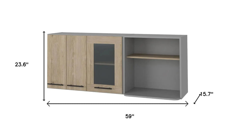24" Gray and Natural Wood Wall Mounted Accent Cabinet With Three Doors Homeroots Kitchen & Dining
