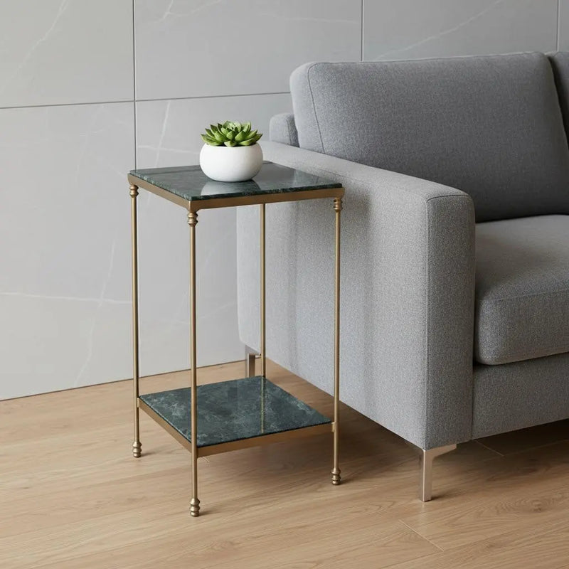 24" Green and Gold Marble and Iron Square End Table With Shelf - GreatEagleInc