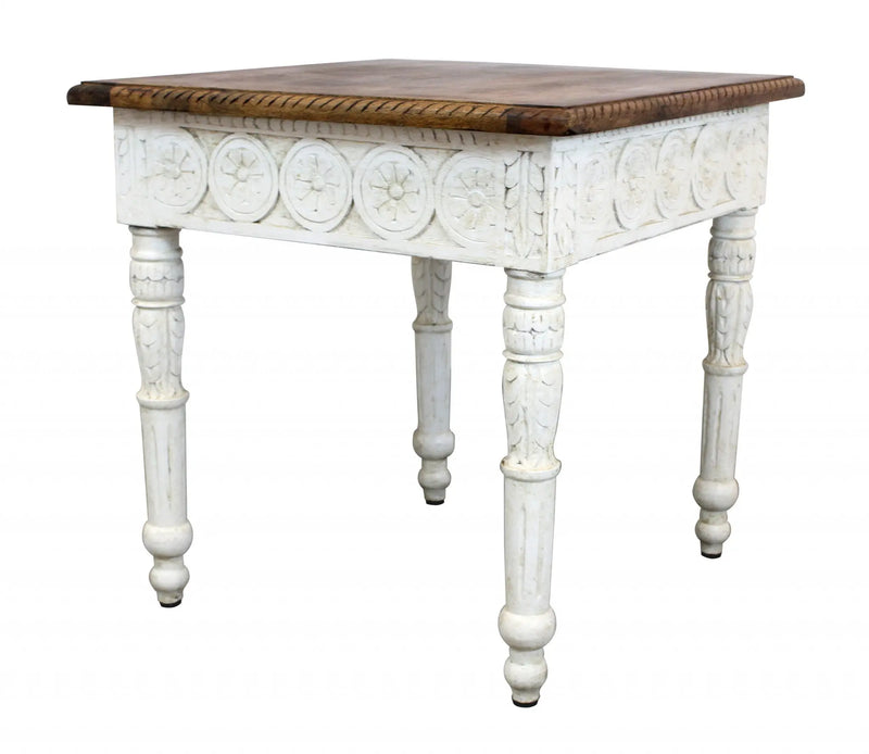 24" Ivory And Brown Distressed Solid Wood Square End Table Homeroots Living Room