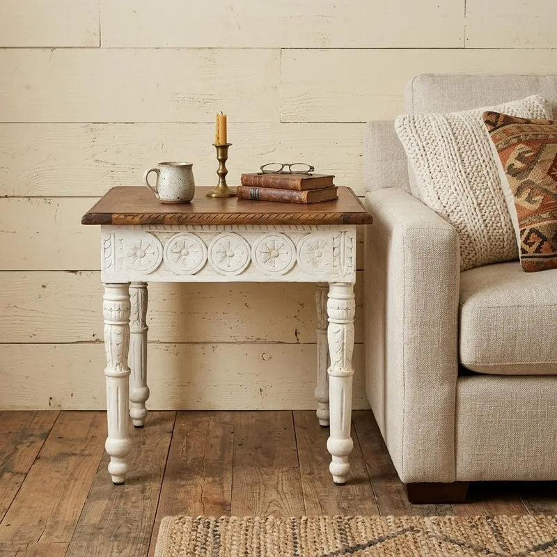 24" Ivory And Brown Distressed Solid Wood Square End Table Homeroots Living Room