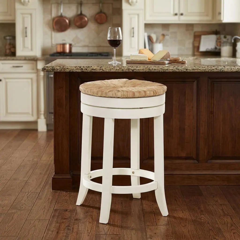 24" Natural And Antiqued White Solid Wood Swivel Backless Counter Height Bar Chair Homeroots Living Room
