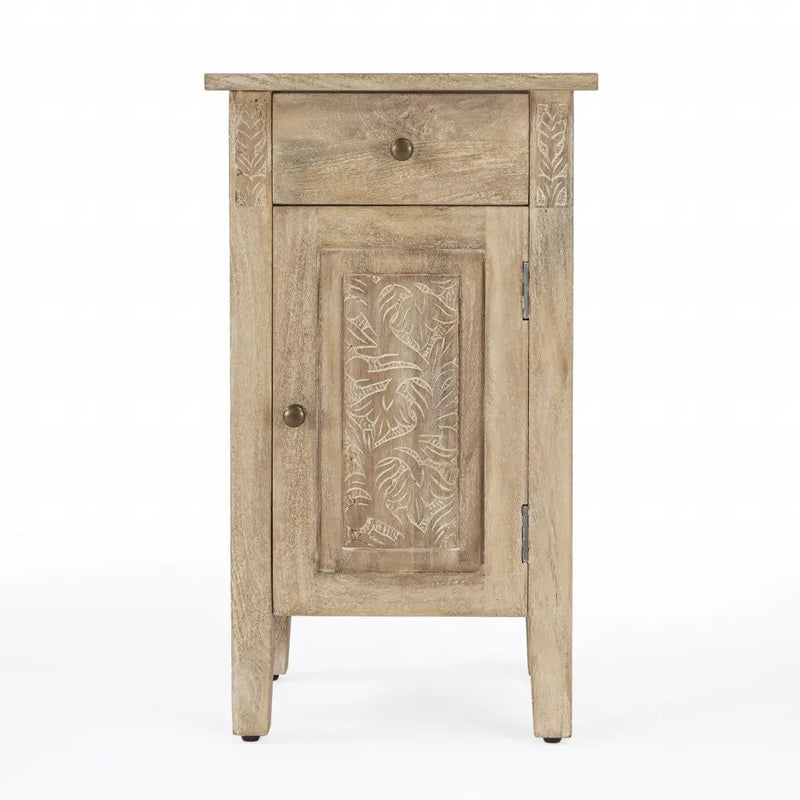 24" Natural Brown Solid Wood End Table With Cabinet and Drawer Homeroots Living Room