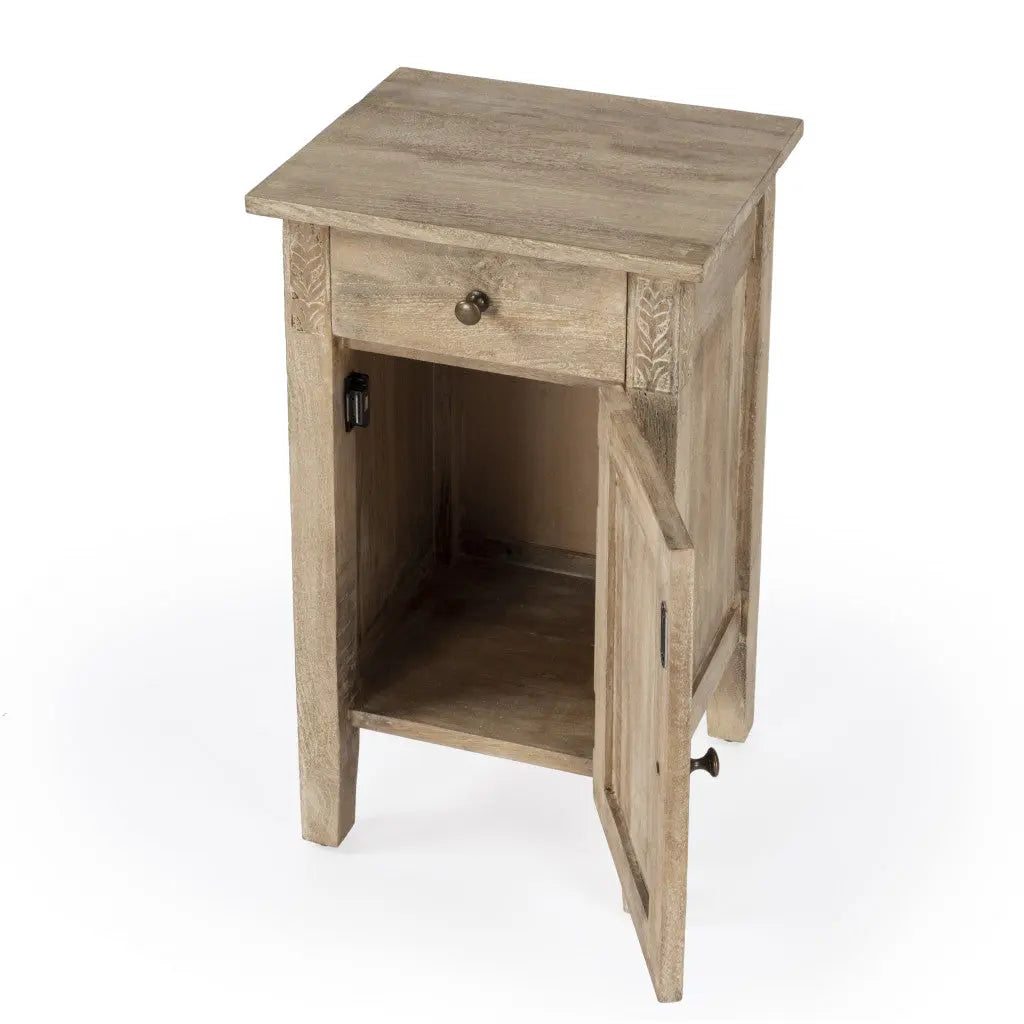 24" Natural Brown Solid Wood End Table With Cabinet and Drawer Homeroots Living Room