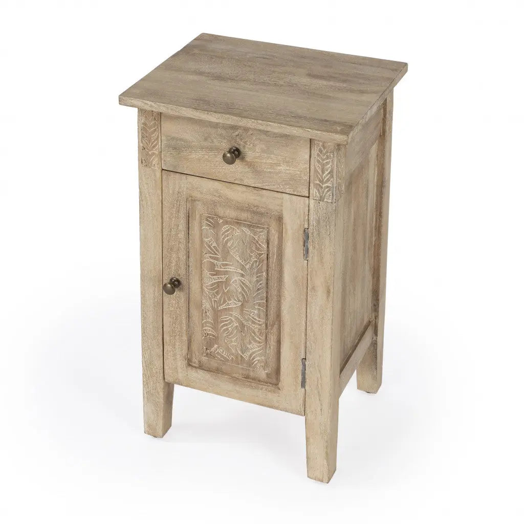 24" Natural Brown Solid Wood End Table With Cabinet and Drawer Homeroots Living Room