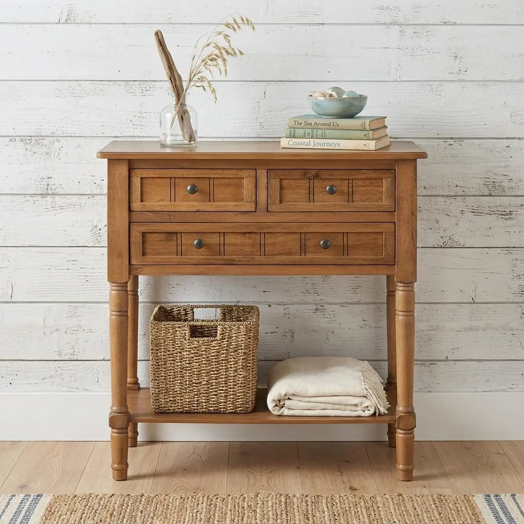 24" Natural Solid Wood Distressed Console Table With Shelf And Three Drawers Homeroots Living Room