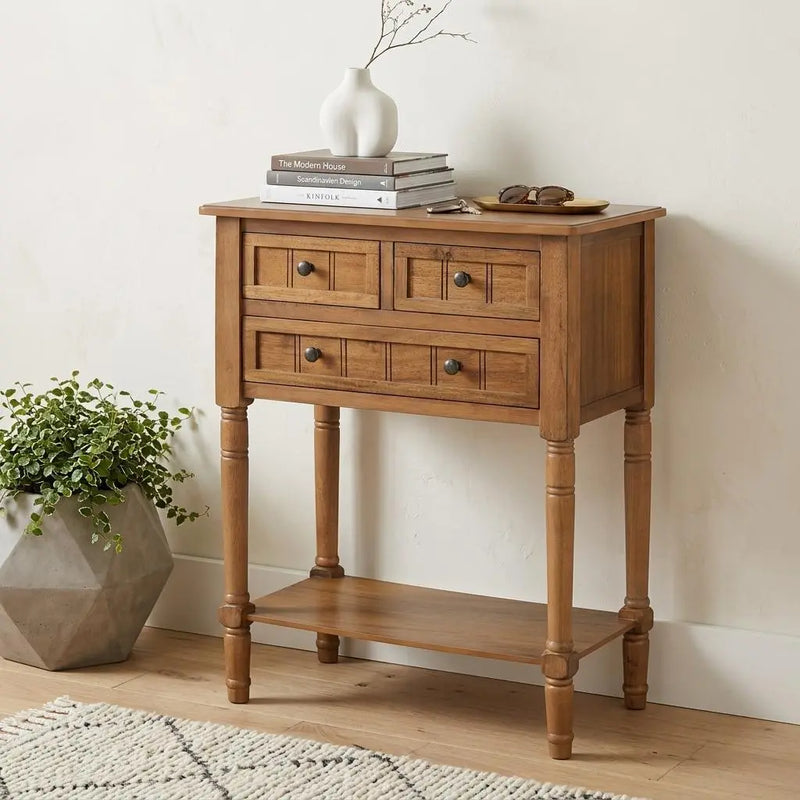 24" Natural Solid Wood Distressed Console Table With Shelf And Three Drawers Homeroots Living Room