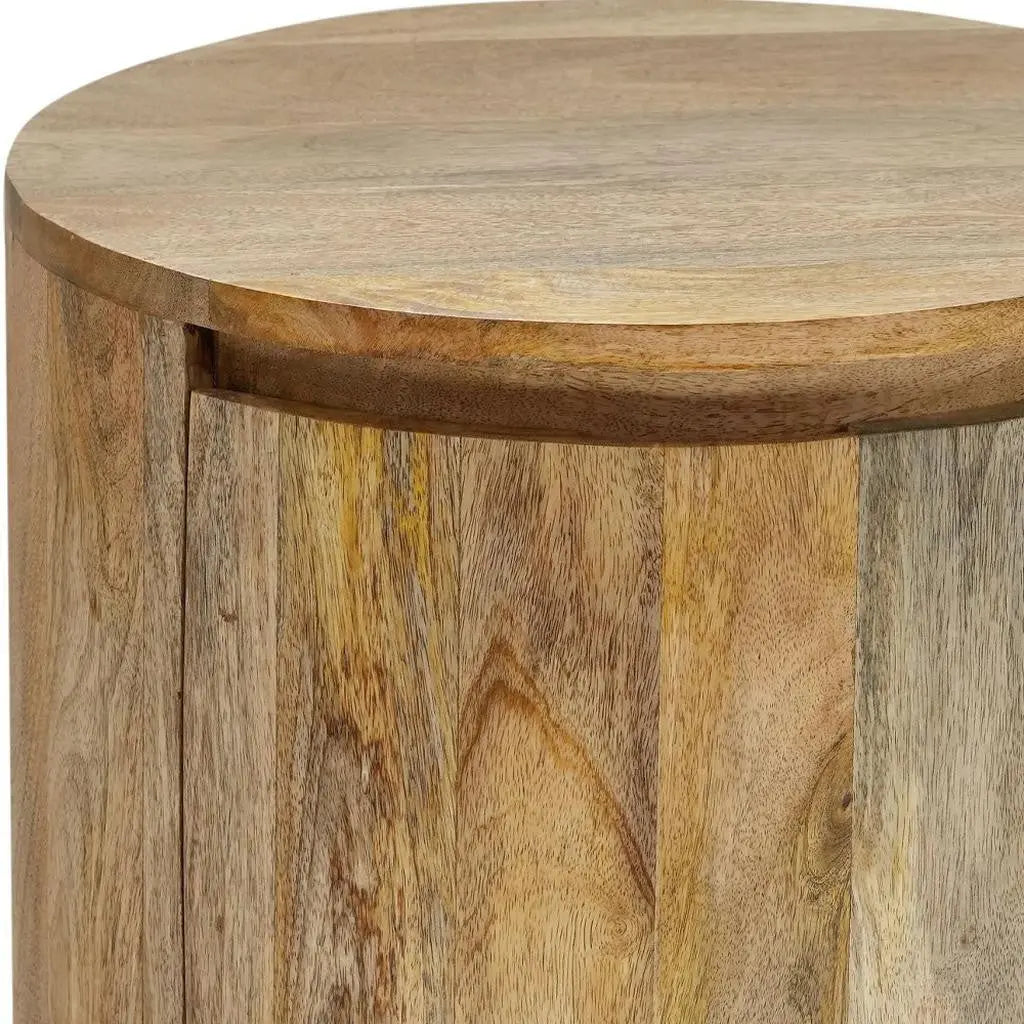 24" Natural Solid Wood Round Drum End Table With Two Drawers Homeroots Living Room