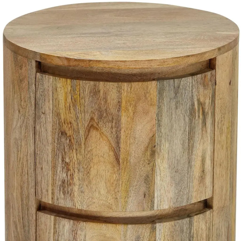 24" Natural Solid Wood Round Drum End Table With Two Drawers Homeroots Living Room