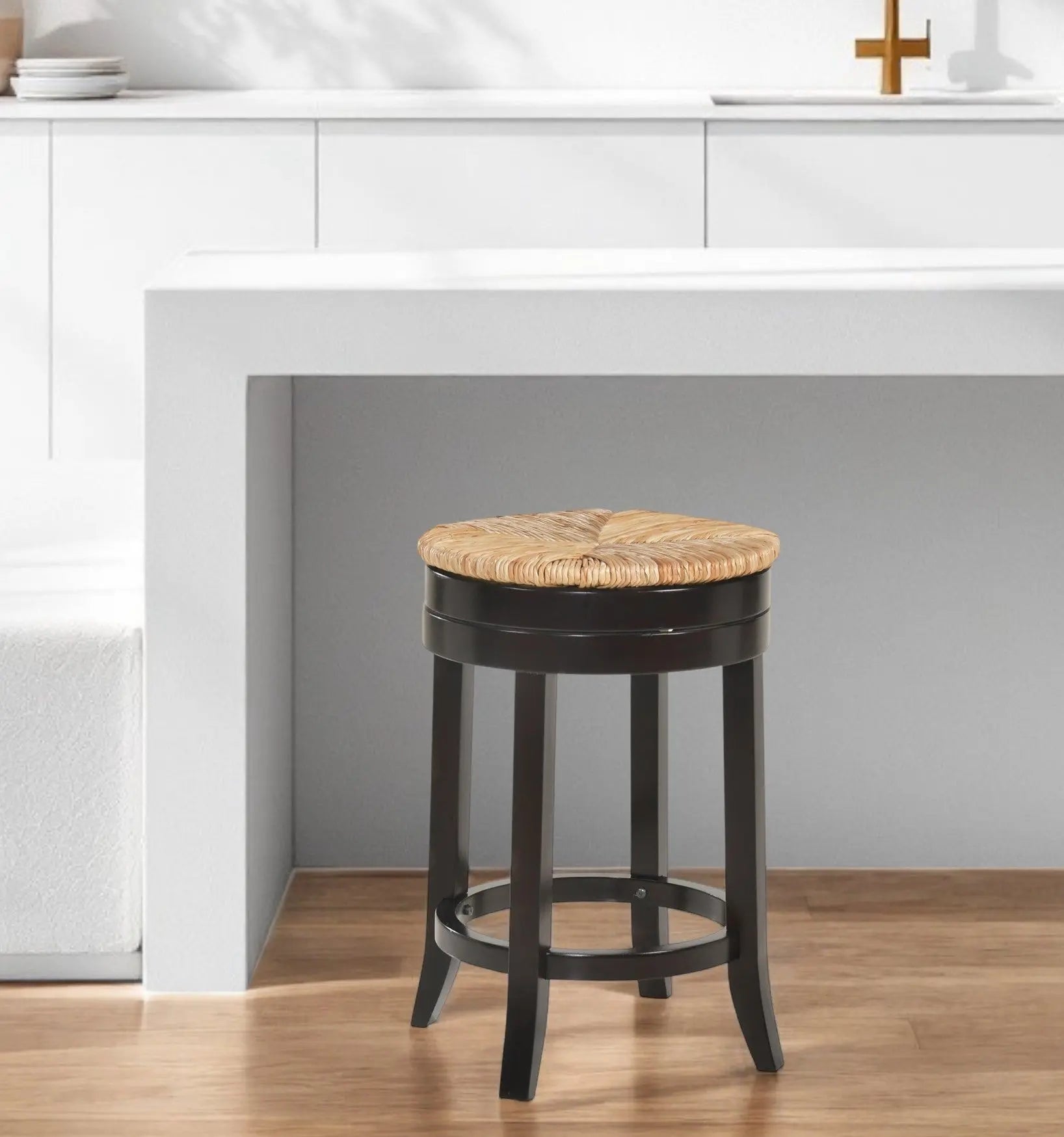 24" Natural and Espresso Rush and Solid Wood Backless Counter Height Swivel Bar Chair Homeroots Living Room
