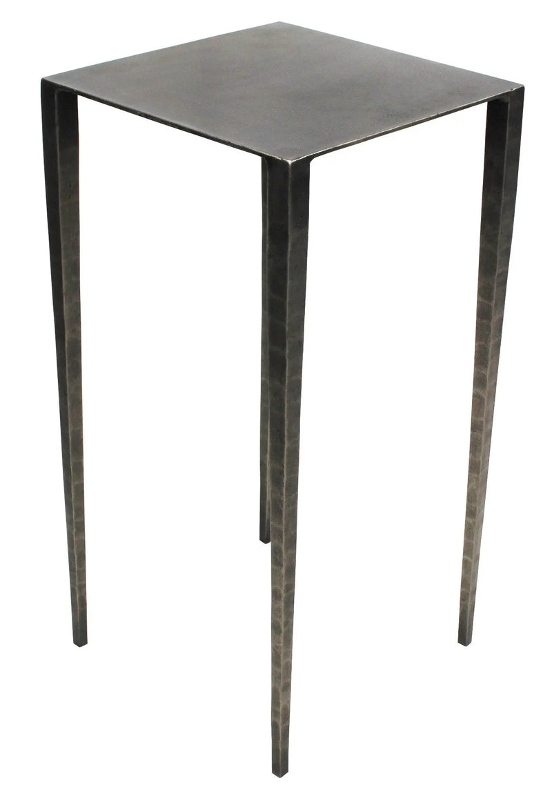 Black wrought iron side table with a sleek square top and minimalist design, ideal for modern decor.