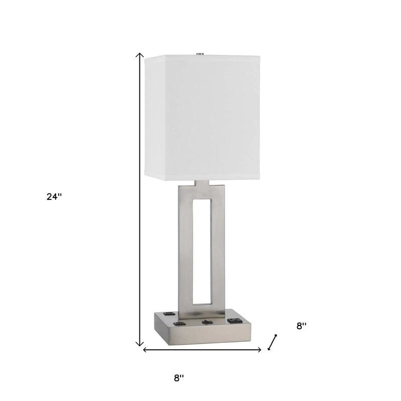 24" Nickel Metal Desk Usb Table Lamp With White Drum Shade Homeroots Lighting